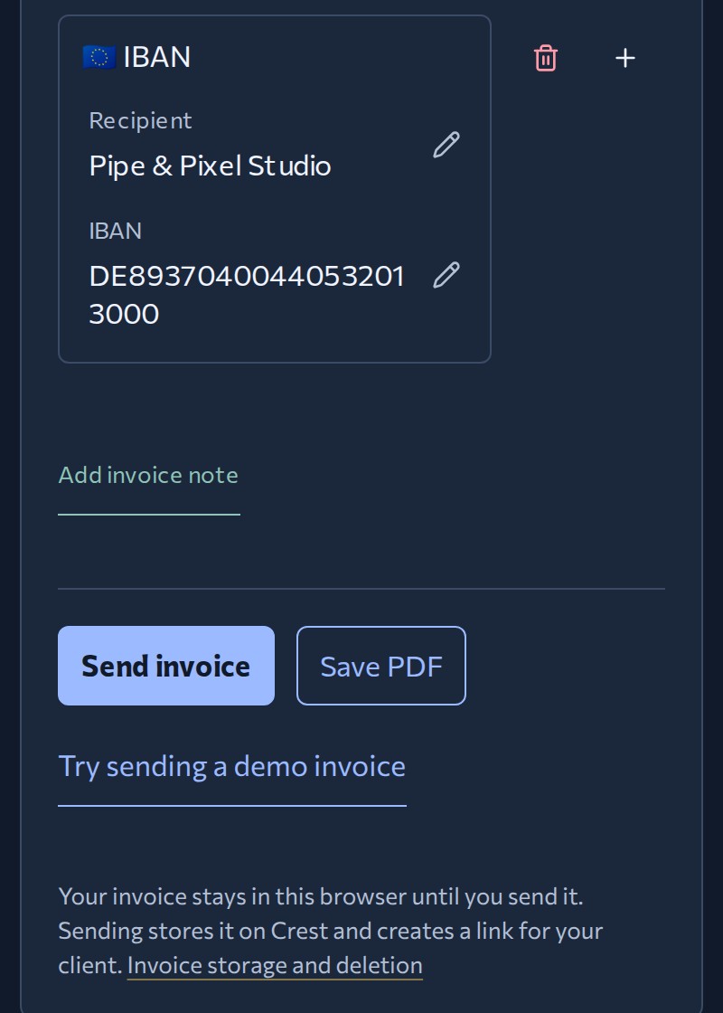 Crest recognises the IBAN and asks you to check the recipient