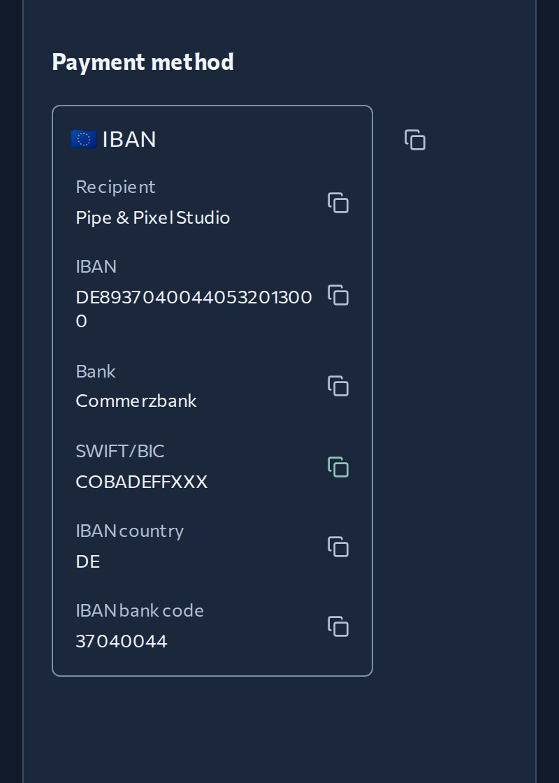 Your client sees the full bank details, ready to copy