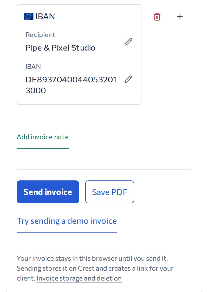 Crest recognises the IBAN and asks you to check the recipient