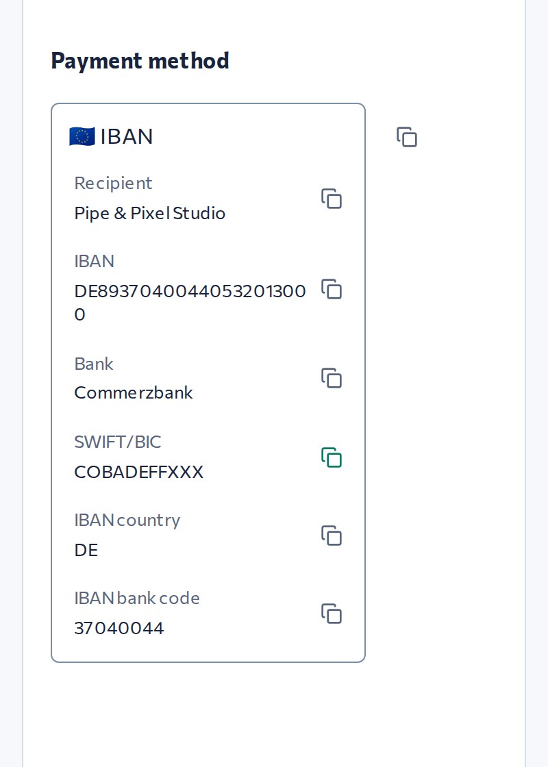Your client sees the full bank details, ready to copy