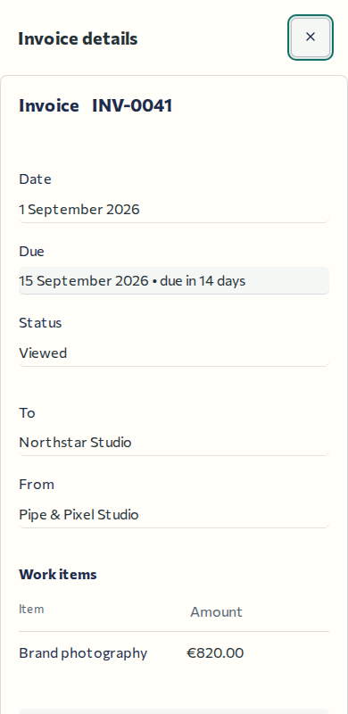 Crest invoice showing an invoice date of 1 September 2026 and a due date of 15 September 2026, due in 14 days.