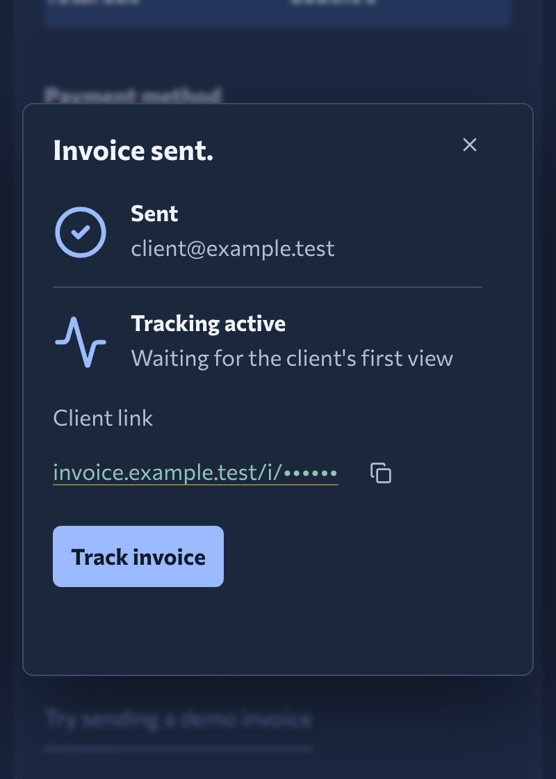 Invoice sent confirmation with the client invoice link