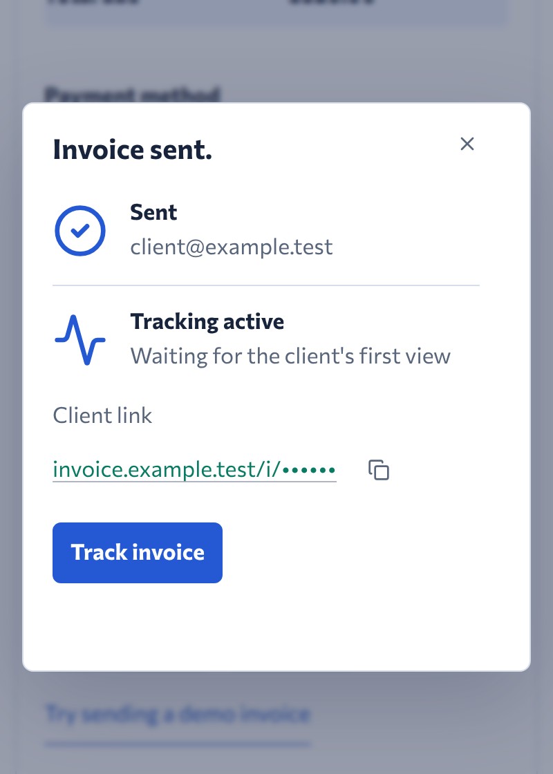 Invoice sent confirmation with the client invoice link