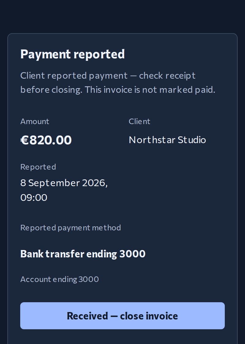 The owner sees the payment report and can confirm receipt