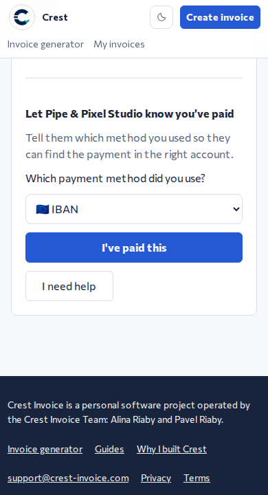 Crest’s mobile invoice asking the client which payment method they used, with an I’ve paid this button.